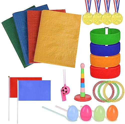 Flintronic 33PCS Sports Day Kit, Juegos de Carreras de Sacos, Juegos al Aire Libre-, Huevo y Cuchara, Juego de Lanzamiento de Anillos, Medalla y Silbatos, Juegos para Exteriores Deportivo para Niño