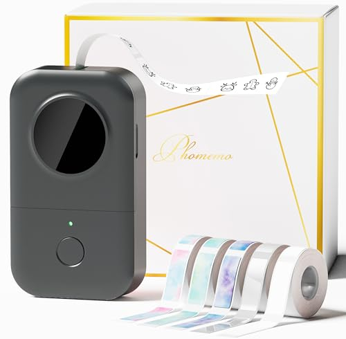 Phomemo D30 Etikettendrucker - Mini Etikettiergerät Beschriftungsgerät Selbstklebend Bluetooth Label Printer mit 5 Rollen etikettenpapier Geschenkbox,Label Drucker Geeignet für Haushalt und Büro-Grau