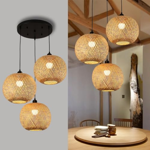DHGIE Rattan Lampe Hängelampe E27*3 Retro Bambus Holz Lampenschirm Deckenlampe Pendelleuchte Holz Pendelleuchte Industrial Holz Bambus Deckenlampe Das Küche Schlafzimmer Cafe Esszimmer Lampe Hängend (