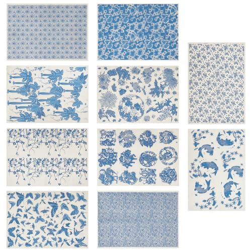WEBEEDY 10 Stile Unterglasur-Transfers Keramik-Abziehbilder Blaues Muster Porzellan-Keramik-Ton Glasur-Transferpapierbögen Für Töpferkunst Überglasur-Emaille-Aufkleber Wasserrutsch-Aufkleber
