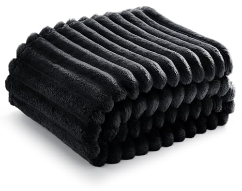 BEDSURE Gosig filt fluffig – ullfilt och fleecefilt, sofffilt, mjuk varm grov manchesterfilt för rumsinredning, vardagsrum och mysiga filtar, överkast, svart, 150 x 200 cm