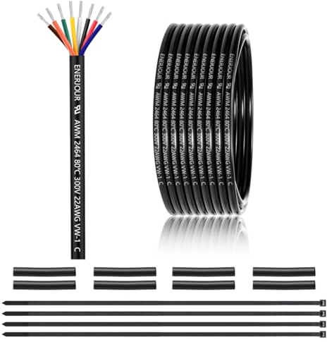 22 Gauge 8 Conductor Electrical Wire 25FT, UL 2464 22 AWG 8 Wire Cable Tinned Copper Stranded 22/8 for LED Lighting, Outdoor Low Voltage Extension Cable, Speaker, Automotive etc.