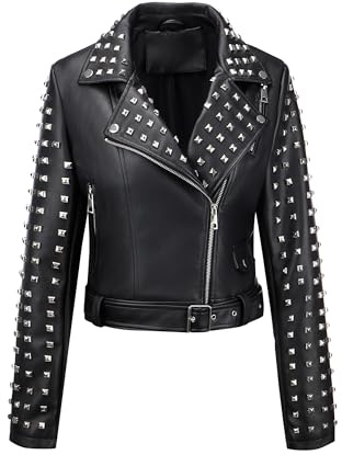 Giolshon Chaqueta de Moto de Piel Sintética para Mujer con Tachuelas, Pantalón Corto Informal, Abrigo de Motociclista, Trajes de Otoño, Ropa de Moda 2024 3221 Negro S