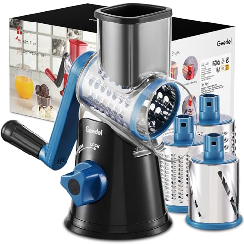 Geedel Rotary Cheese Grater, Vegetable Slicer with 3 Drum Blades, Grater for Kitchen Faster and Easy Cutting, Rotary Drum Grater Ideal for Cheese, Cucumber, Carrot, Potato etc