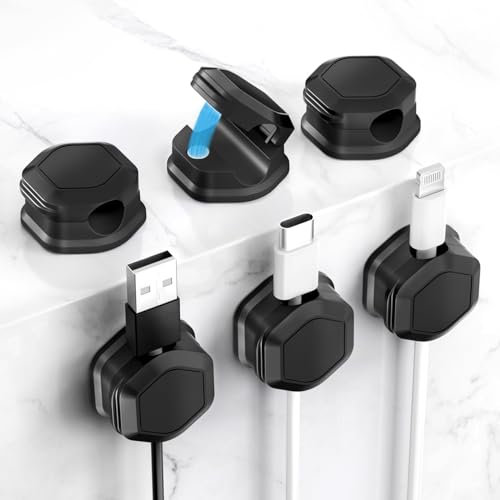 Magnetic Cable Clips (6 Pack) - Self Adhesive Cable Organisers for Desk, Home, Office & Car - Cable Tidy for Charging Cables, USB Cords, Mouse & Keyboard Wires(6, Black)