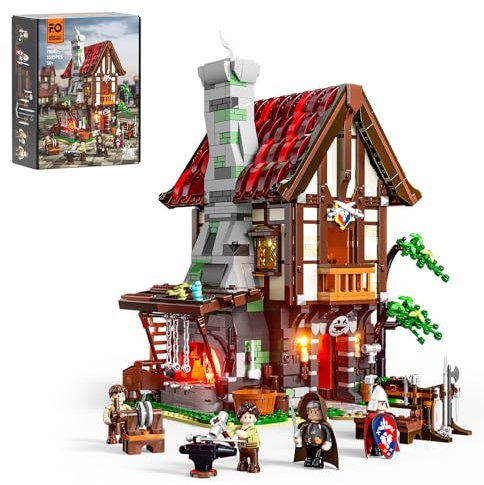 FUNWHOLE Medieval Forge Building Blocks Set with LED Light, 1595 Pieces, Medieval Forge House Clamping Blocks, Medieval Toy for Adults and Teenagers