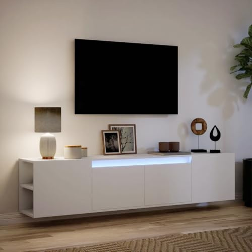 Canditree Meuble TV Suspendu avec Lumière LED, 180cm étagère TV Murale avec Rangement Meuble TV Flottant avec 2 Portes (Blanc)
