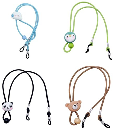 DBAILY Brillenband, 4 Stück Verstellbare Brillenkette, Brillenschnur, Brillenbänder für Damen, Kinder, Herren(Brauner Bär+Blaue Smiley-Wolke+Schwarzer und Weißer Panda+Grüner Pinguin)