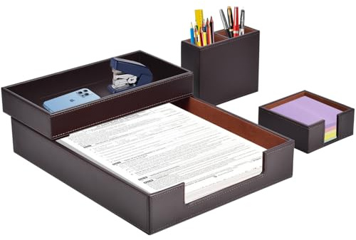 XNONE Skrivbordsset, PU-läder skrivbordsset, med skrivbordsförvaring, pennhållare, anteckningshållare, brevfack, kontorsbord för män och kvinnor, kontor kontorsbord (brun)