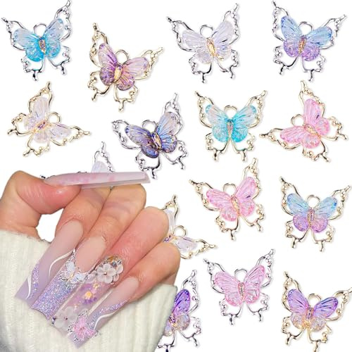 Lilbitty 12 Stück Schmetterling Nagelanhänger, 3D Nail Art Charms in Gold und Silber, Aurora Bling Nagelsteine, bunte Schmetterling Nagelanhänger für Nägel, Y2K Nageldekorationen, Nagelschmuck
