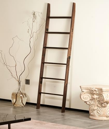 Blanket Ladder for the Living Room 6-Tier, Wooden Decorative Quilt Holder for Bed room, Wall-Leaning Towel Rack for Bathroom，Rustic Farmhouse Ladders for Display. (Dark Brown)