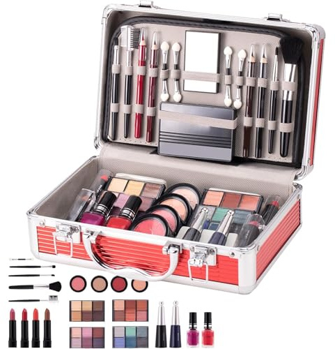 Set trucco per principianti, kit trucco per adolescenti e donne | Valigetta cosmetici con ombretti, fard, rossetti, matita sopracciglia, cipria, pennelli | Kit make up completo per trucco viso e occhi