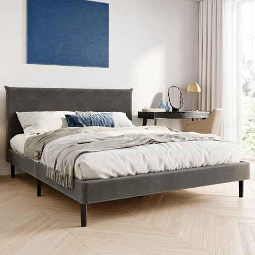 Home Collective Bett 160x200 und 160x200 cm Polsterbett mit Lattenrost Bettgestell Doppelbett mit weichem Cordbezug und gepolstertem Kopfteil Robustes Gestell hoher Liegekomfort Grau 160x200 cm