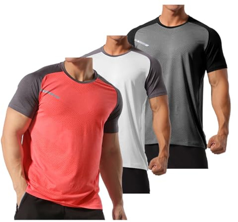 YOUTHUP 3-pack sport-t-tröjor för män snabbtorkande gym toppar reflekterande logotyper kortärmad tröjor andningsbara utomhus löpning färgblock, Orange/vit/grå, XL