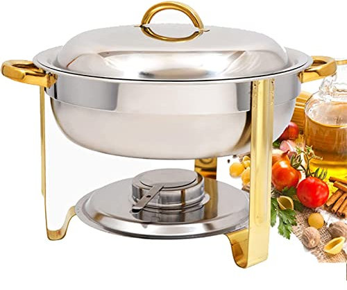 3.5L Gold-Plated Chafing Dish Set, Round Durable Stainless Steel Buffet Serving Food Warmer Tray with Lid, Food Pan and Fuel Holder, for Party, Restaurant, Wedding
