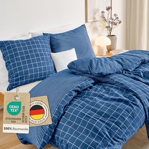 Blumtal Biber Bettwäsche 135x200 + 80x80 cm Baumwolle 2teilig - Flanell Bettwäsche 135x200 Winter Oeko-TEX zert. & Ultra weich - 60 °C waschbare Flanell Winterbettwäsche mit edlem Wendedesign - Blau