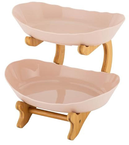 2-Tiers Fruit Serving Tray Fruit Basket Kitchen Fruit Bowl Storage Rack Oval Bowl Stand Pastry Vegetable Display Baskets Bamboo Wood frame + PP bowls for place desserts candies fruits etc (Beige)