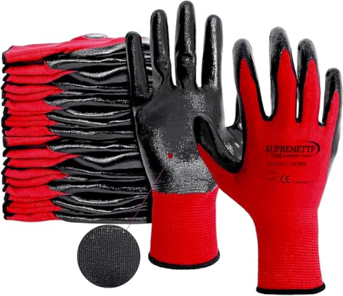 Supreme TTF PREMIUM NITRILE COATED Red Nylon Work Gloves Builders Gardening Grip (RED BLACK, LARGE - 9)