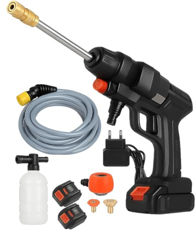Idropulitrice a Doppia Batteria 48V 8000Mah, Ugello 6 in 1, Idropulitrice Portatile con 2 Batterie e Tubo da 5M, Pulitore ad Alta Pressione Senza Fili per Auto, Giardino, Pavimenti e Esterni