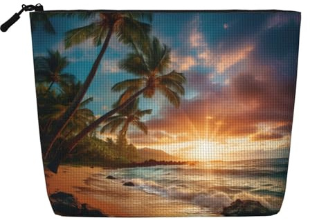 Hawaiian Beach with Palm Trees Print Fake Hemp Makeup Bag â€“ Travel Toiletry Pouch for Women, Daily Storage, Business Trips, and More