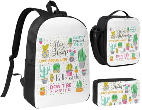 FKHOHL Sac à dos respirant 3 en 1 avec motif cactus succulent, sac à déjeuner, trousse à stylos, transport pratique pour collations, boissons