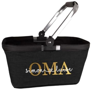 AWASG Einkaufskorb Oma personalisiert, Personalisiertes Geschenk Einkaufstasche mit Name, Tragekorb mit Alurahmen faltbar, 20L schwarz