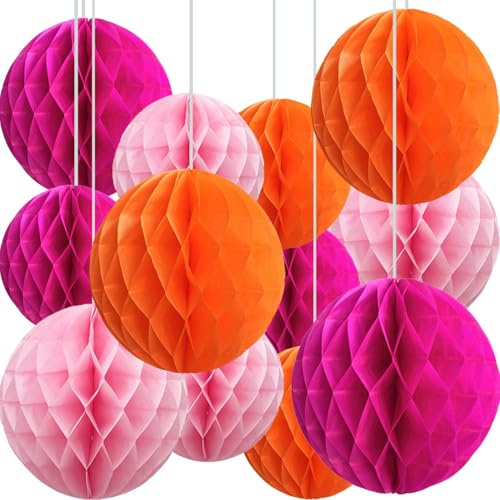 brzikwt 12 Pcs Orange and Pink Paper Honeycomb Flower Balls for Party Ceiling Wall Hanging Tissue Pom Poms Decor (6 inch & 10 inch)