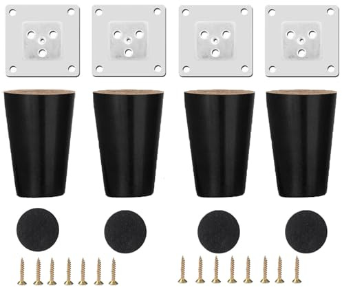 4 Pack Wooden Furniture Legs, Wood Sofa Legs, Black Wood Feet For Furniture | Straight Cone Furniture Replacement Feet With Mounting Plate/Screws/Non-slip Pad For Cabinets,Table,Couch (8cm)