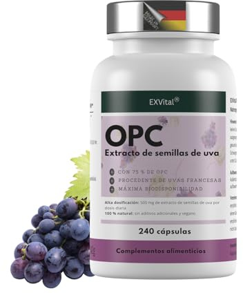 EXVital® OPC Estratto di semi d'uva - 240 capsule - dosaggio elevato con 500 mg per capsula - da uve francesi - testato in laboratorio e vegano