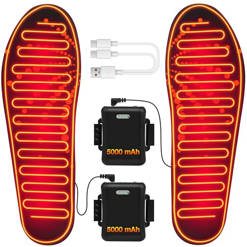 Heated Insoles with 5000mAh Battery, Foot Warmers Rechargeable with 4 Heating Levels, Full Foot Heating, Cut-to-Fit, Electric Heated Insoles for Men and Women, L: 8.5-12