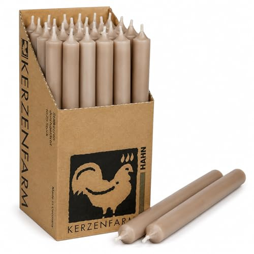 Extra lange Stabkerzen Taupe – 25 cm (250 mm) – Ø 2,2 cm – durchgefärbt & tropffrei – Made in Germany – Kerzenfarm Hahn – 12 Std. Brenndauer – wählbar 10 oder 25 Stück (10, Taupe/Beige)