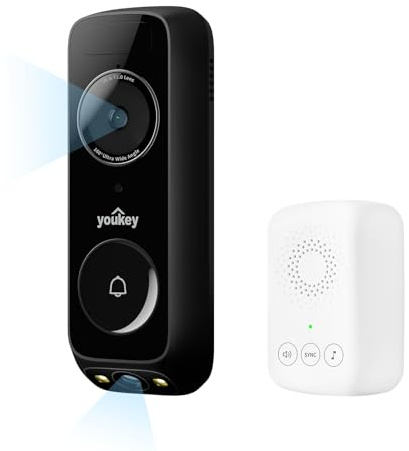 youkey Doorbell Camera Wireless No Subscription, 2K Dual‑cam Video Doorbell with Chime, See Visitor & Package Together, 5G WiFi, 8GB Local Storage, Works with Alexa & Google Home, Battery Powered