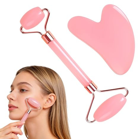 ZZHBOO 1 Set Gesichtsmassage-Set, Rosa Quarz Gua Sha und Massage-Roller, Manuelle Gesichts- und Halsmassage, Schönheitswerkzeug für Gesichtspflege und Entspannung