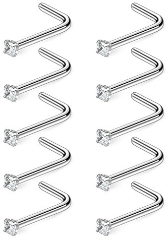 Ruifan 10PCS 22G Surgical Steel Clear Diamond CZ Nose Stud Rings L Shaped Piercing Jewelry 1.5mm