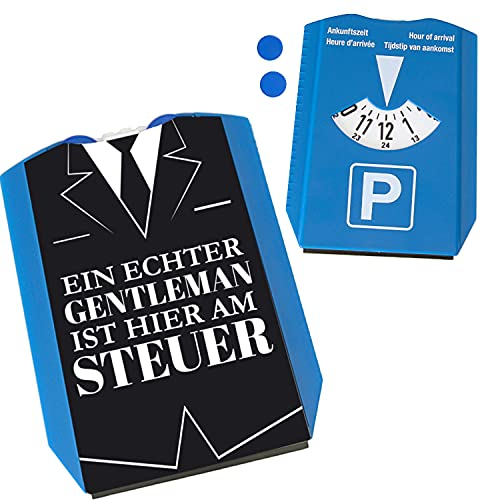 speecheese EIN echter Gentleman ist Hier am Steuer Parkscheibe mit 2 Einkaufswagenchips für echt edle Männer am Lenkrad Parkuhr Parkplatz lustig mit Anzug Motiv - Vorderseite gemäß StVO- mit