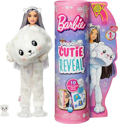 Barbie Cutie Reveal Serie Invierno Disfraz Animal Revela una muñeca articulada con Chaqueta Reversible, Mascota y Accesorios Sorpresa de Moda, Juguete +3 años, Oso Polar, (Mattel HJL64)