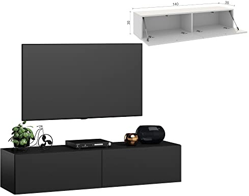4housedesign® TV Board Lowboard Hängend | Fernsehschrank tv Sideboard Wohnzimmer | Lowboard Wohnzimmer fernsehregal tv Board Hängend tv Shrank tv 55 Zoll - TV Lowboard Schwarz Mat 140cm