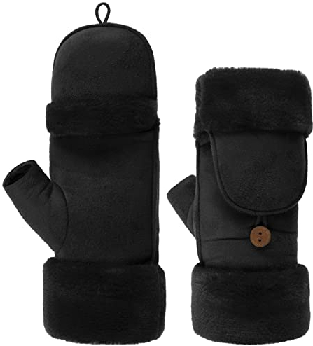 Lipodo Fingerlose Handschuhe mit Kapuze Damen - Mit Wolle - Gefüttert mit Fleece - Mit Plüschrand - Aufklappbare Fäustlinge - Feststellbar - Fingerlose Handschuhe - Herbst/Winter schwarz L