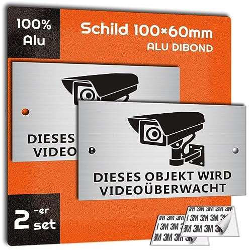 AIFIZO Achtung Videoüberwachung Schild 2 Stück 6x10 cm Warnschild Gebürstetes Aluminium 2 Bohrlöcher Abgerundete Ecken Hinweisschild Videoüberwachung