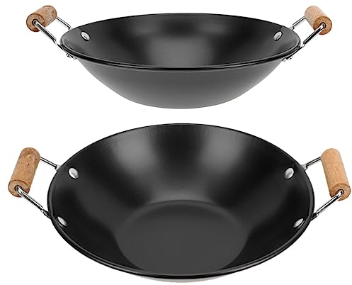 DOITOOL 2-Teiliger Wok Gusseisen Mit Flachem Antihaftbeschichtete Woks Und Pfannen Mit Holzgriffen Für Induktion Elektro Gas Halogen Alle Herde Haushalts-Wokpfanne (28X23X8cm & 30X27X8cm)