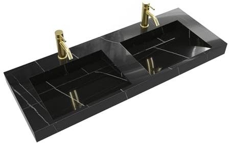 Vente-unique - Lavabo doble suspendido de superficie sÛlida con efecto m·rmol negro - L120.2 x l45.2 x H8 cm - TAKOTNA