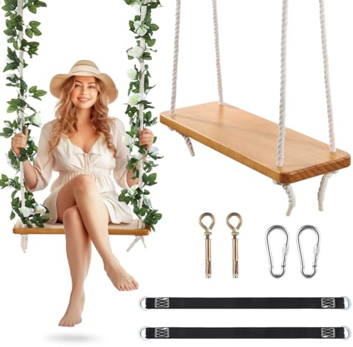 Wooden Tree Swing,Wooden Swing for Adults/Kids with 500lbs Load Capacity Waterproof Wooden Swing Seat Adjustable Hemp Rope Plus Tree Straps 100 inch for Indoor,Backyard,Garden,Playground (Flower)