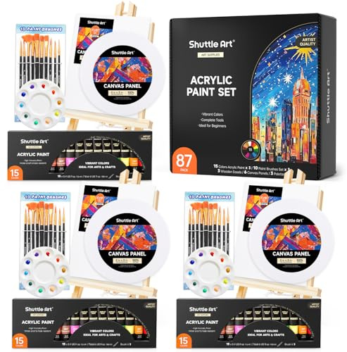 Shuttle Art 87 Pack Acrylic Paints Set, Canvas Painting Set with 3 Pack of 15 Colours Acrylic Paint, 3 Sets of Wooden Easels, Canvas, Brushes & Palettes, Acrylic Paint Sets for Adults Kids Beginner