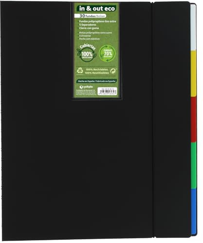 Grafoplas - Carpeta de Fundas Extraibles a4 In&Out ECO, 40 Fundas Extra Recicladas 70%, Tapas Rígidas Recicladas 100%, Cambio Fundas Rápido y Práctico, Incluye 5 Separadores y Guía, Cierre Gomas