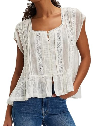 Blusa con volantes y ribete de encaje para mujer, botones, manga corta, peplum, estilo campesino bohemio (US, Alfa, Grande, Regular, Regular, Blanco)