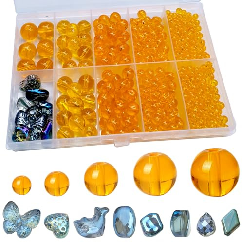 FAPUMOE 476pcs Orange Round Crystal Glass Beads (4/6/8/10/12mm) with 8pcs Charming Pendants for Jewelry Making, Smooth Round Glass Spacer Loose Beads for Crafts Bracelets Necklaces Charms