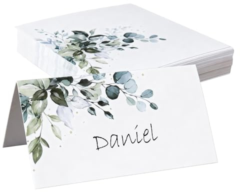 50 Pezzi Segnaposto Cartellini Tavolo Scritta per Tableau Matrimonio Compleanno Comunione Battesimo Cresima Laurea Bigliettini Carta Personalizzato Verde Foglie Decorazione Festa Bomboniere