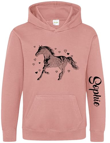 Personalised Horse Hoodie for Girls - Custom Name Sleeve Print - Equestrian Hooded Top for Daughter or Niece - Hearts Design - Equestrianism Kids Gift