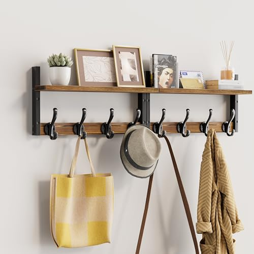 Segtenant 33 inch Coat Rack Wall Mount with Shelf, Set of 2 Entryway Wall Shelf with Hooks, Heavy Duty Coat Hanger Wall Mount for Living Room, Bedroom, Bathroom, Rustic Brown & Black