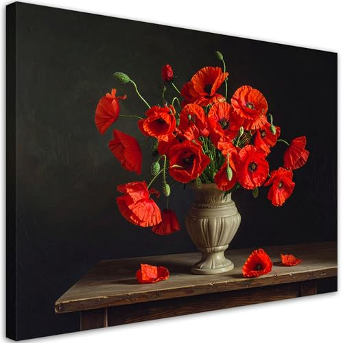 Feeby Leinwand Bilder - Bild Wohnzimmer - Rote Mohnblumen - 120x80 1tlg - Deko Schlafzimmer Groß - Dekoration Canvas - Gemälde - Modern Wandbilder - Kunstdruck